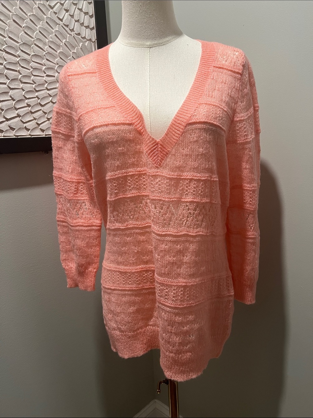 New York & Company Coral Pink V-Neck Knit Sweater